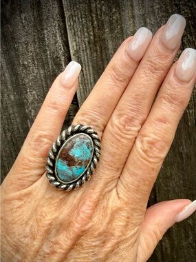 Custom RARE Smoky Bisbee Turquoise Heavy Gauge Sterling Silver Ring Size 6